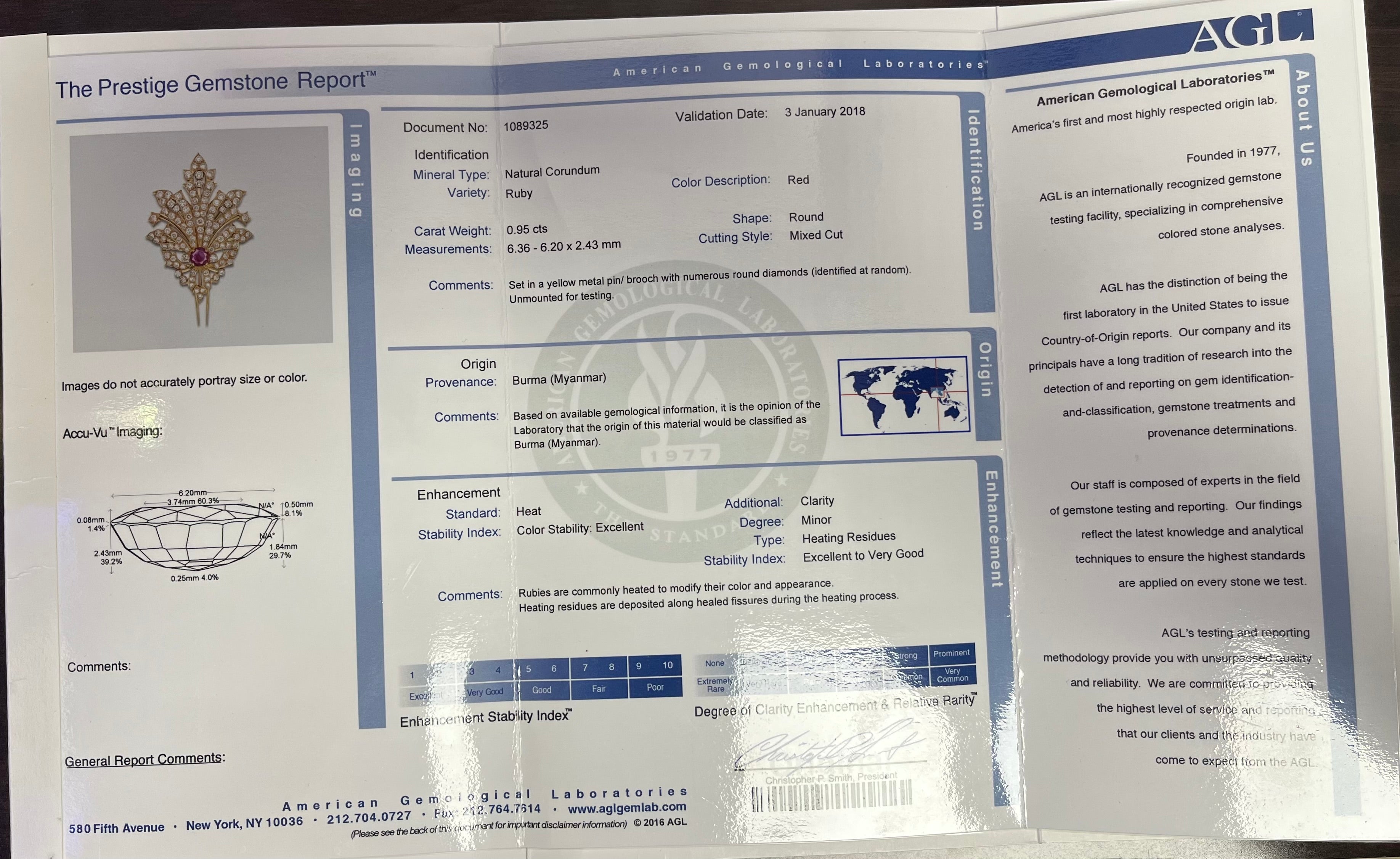 18k Yellow Gold 5.70ct E VS2 Round Diamond and .95ct Round Burma Ruby Brooch