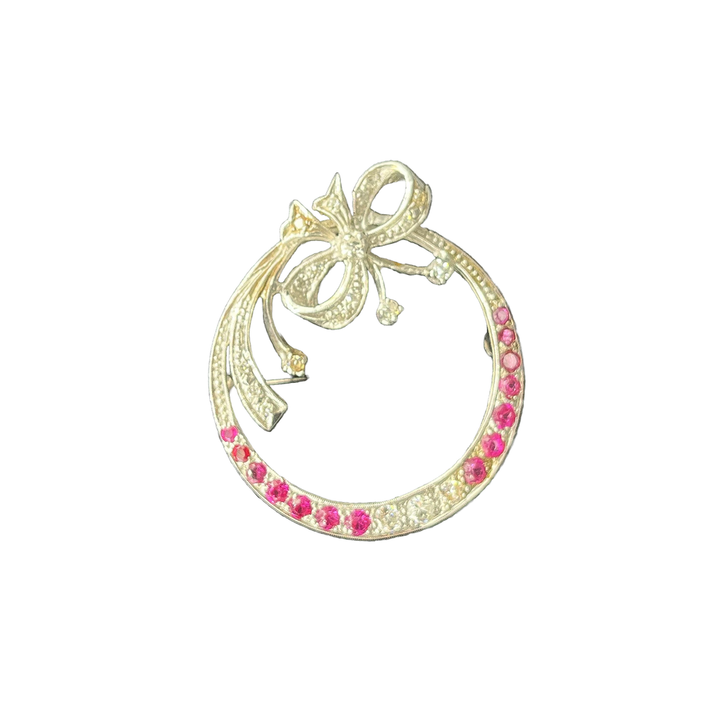 PLATIUM VINTAGE DECO 1CT DIAMOND AND .70CT BURUMA RUBY RIBBON BROOCH  PIN