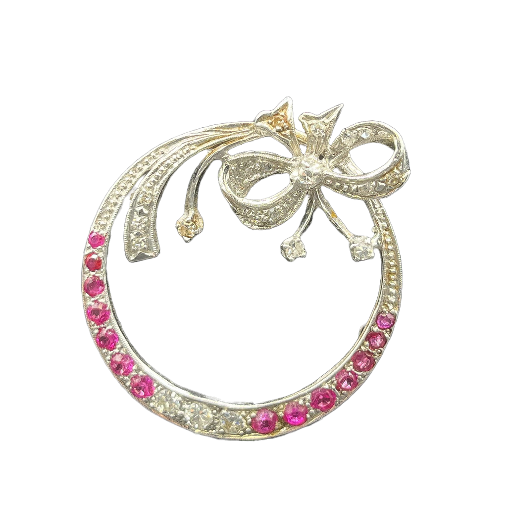 PLATIUM VINTAGE DECO 1CT DIAMOND AND .70CT BURUMA RUBY RIBBON BROOCH  PIN