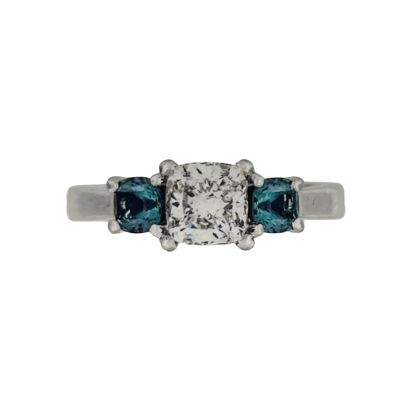 PLATINUM 1.08CT F VS1 CUSHION SET IN A PAST, PRESENT AND FUTURE MOUNTING WITH TWO ROUND LABORATORY GROWN ALEXANDRITES CERTIFIED BY GIA #5234160482 FOR CUSHION  AND GIA #2231160642 FOR ROUND ALEXANDRITES