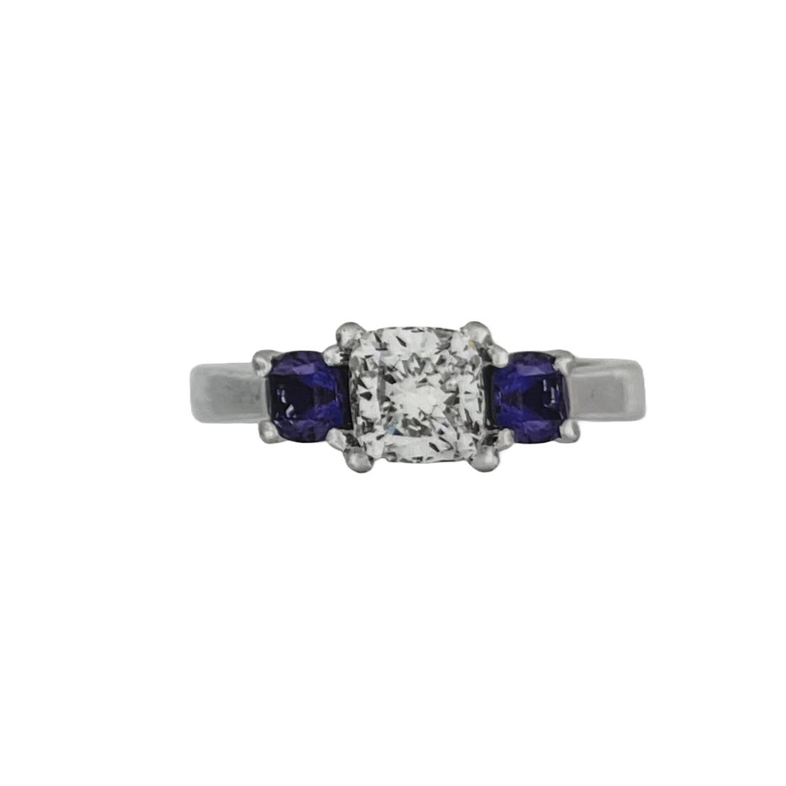 PLATINUM 1.08CT F VS1 CUSHION SET IN A PAST, PRESENT AND FUTURE MOUNTING WITH TWO ROUND LABORATORY GROWN ALEXANDRITES CERTIFIED BY GIA #5234160482 FOR CUSHION  AND GIA #2231160642 FOR ROUND ALEXANDRITES