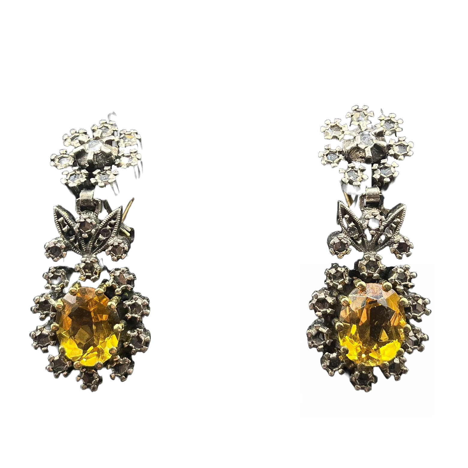 18K and  STERLING SILVER EDWARDIAN CITRINE AND ROSE CUT DIAMOND DROP EARRING
