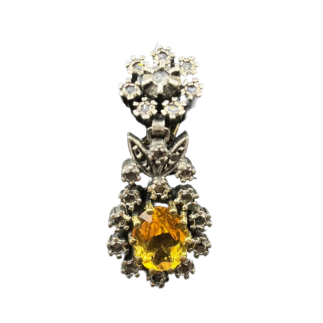 18K and  STERLING SILVER EDWARDIAN CITRINE AND ROSE CUT DIAMOND DROP EARRING