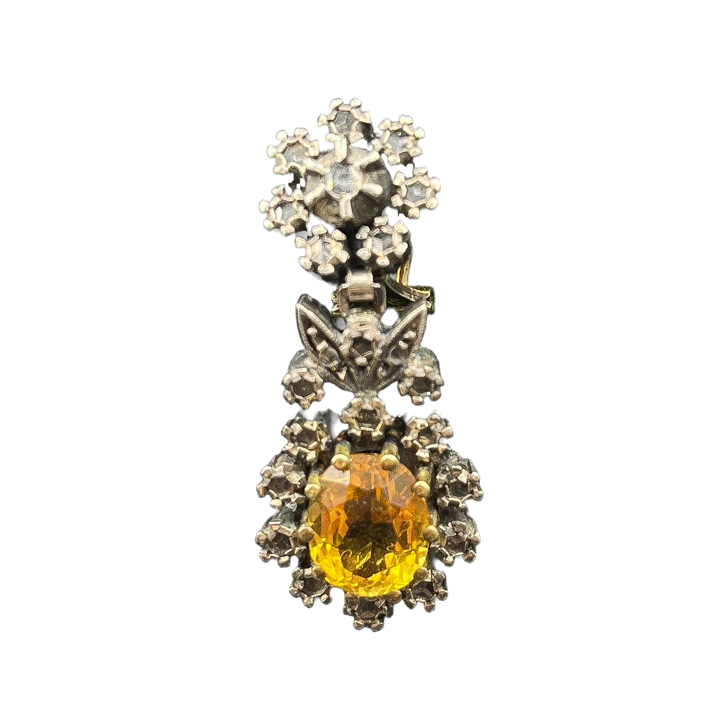 18K and  STERLING SILVER EDWARDIAN CITRINE AND ROSE CUT DIAMOND DROP EARRING