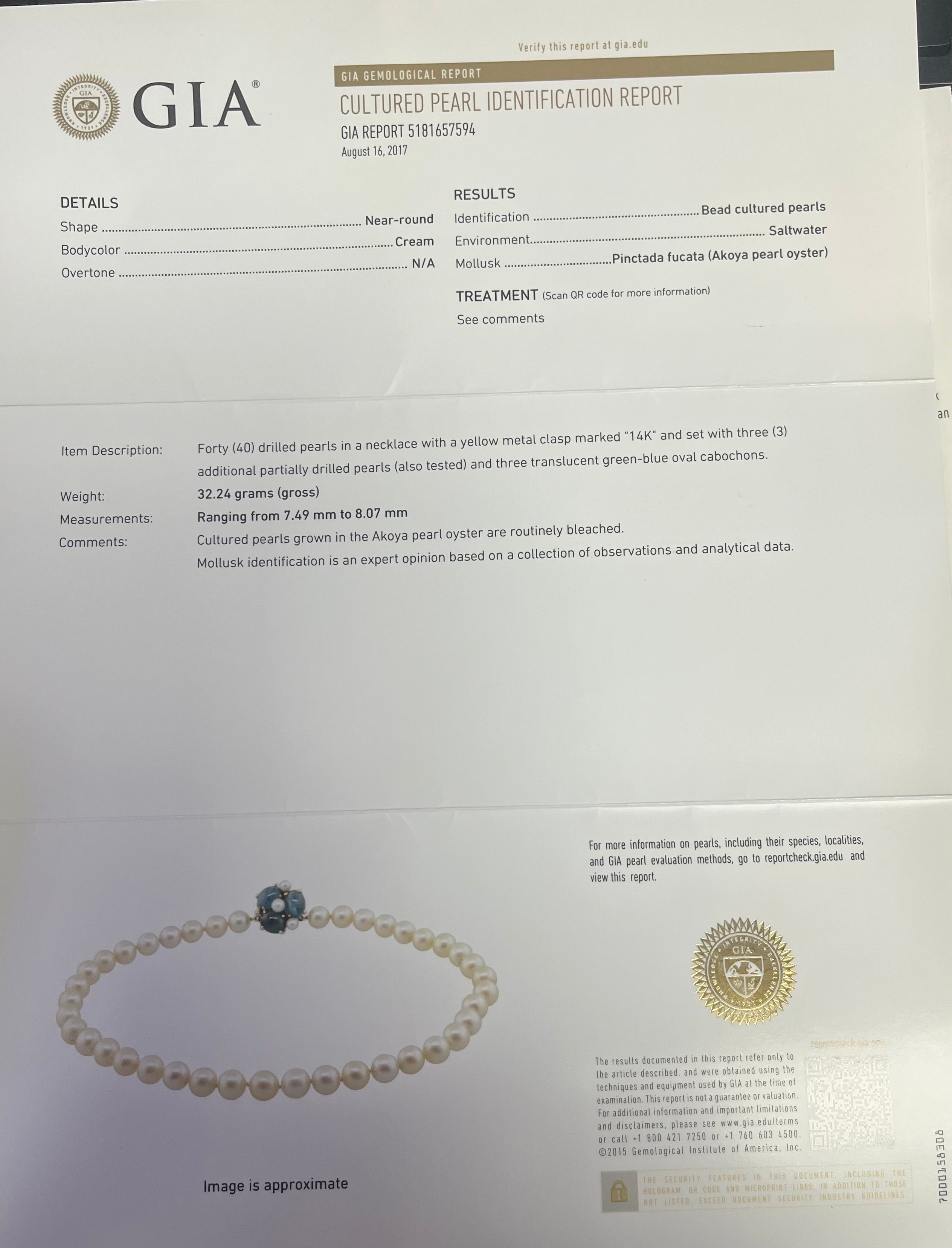 14k Yellow Gold 40 Drilled Akoya Pearls 8mm / (3) Green-Blue Oval Cabochons Necklace Certified By GIA # 5181657594