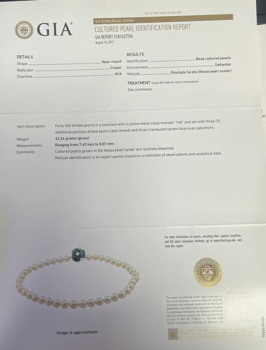 14k Yellow Gold 40 Drilled Akoya Pearls 8mm / (3) Green-Blue Oval Cabochons Necklace Certified by GIA #5181657594