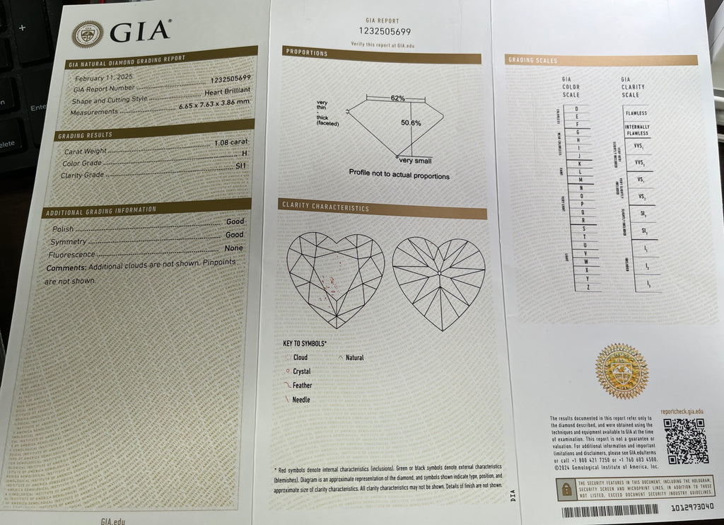 1.08ct H SI1 Heart Loose Diamond Certified By GIA# 1232505699