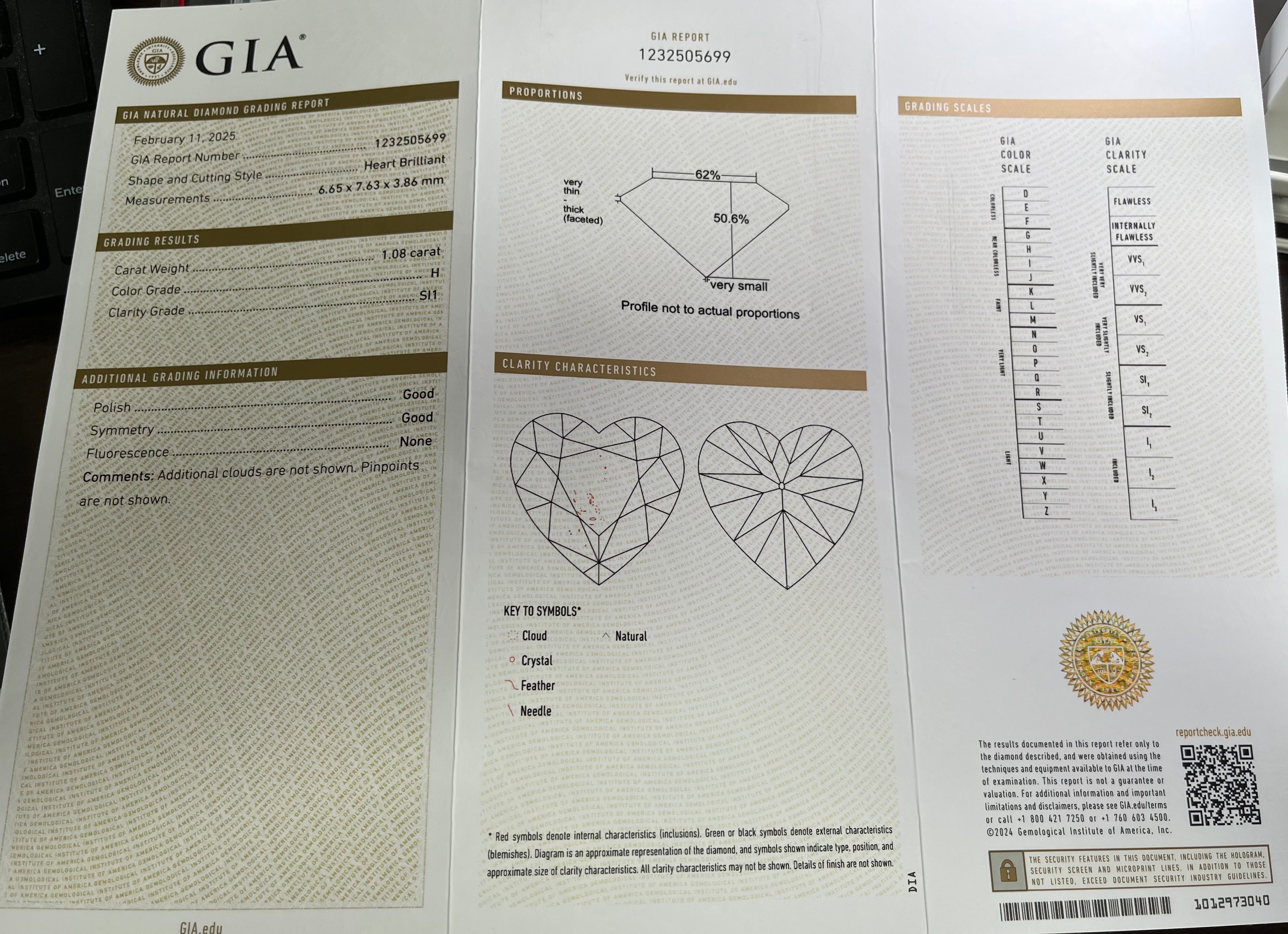 1.08ct H SI1 Heart Loose Diamond Certified By GIA# 1232505699
