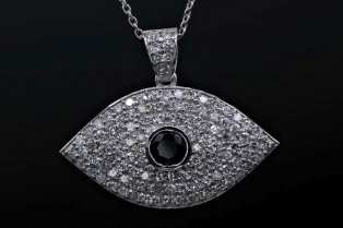 Mens 18k white gold diamond and sapphire evil eye necklace
