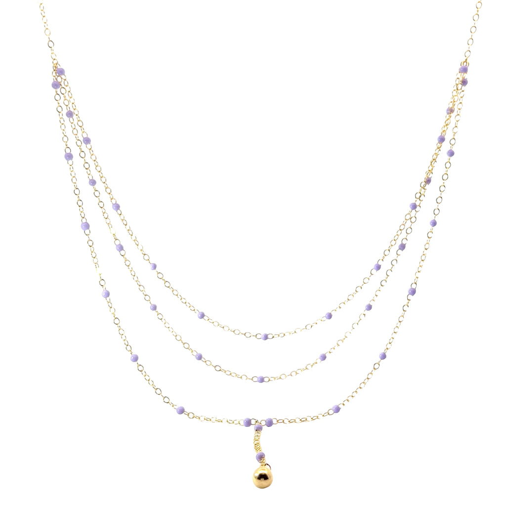 14k Yellow Gold Lilac Enamel (3) Strand Beaded Necklace 3.3 gram