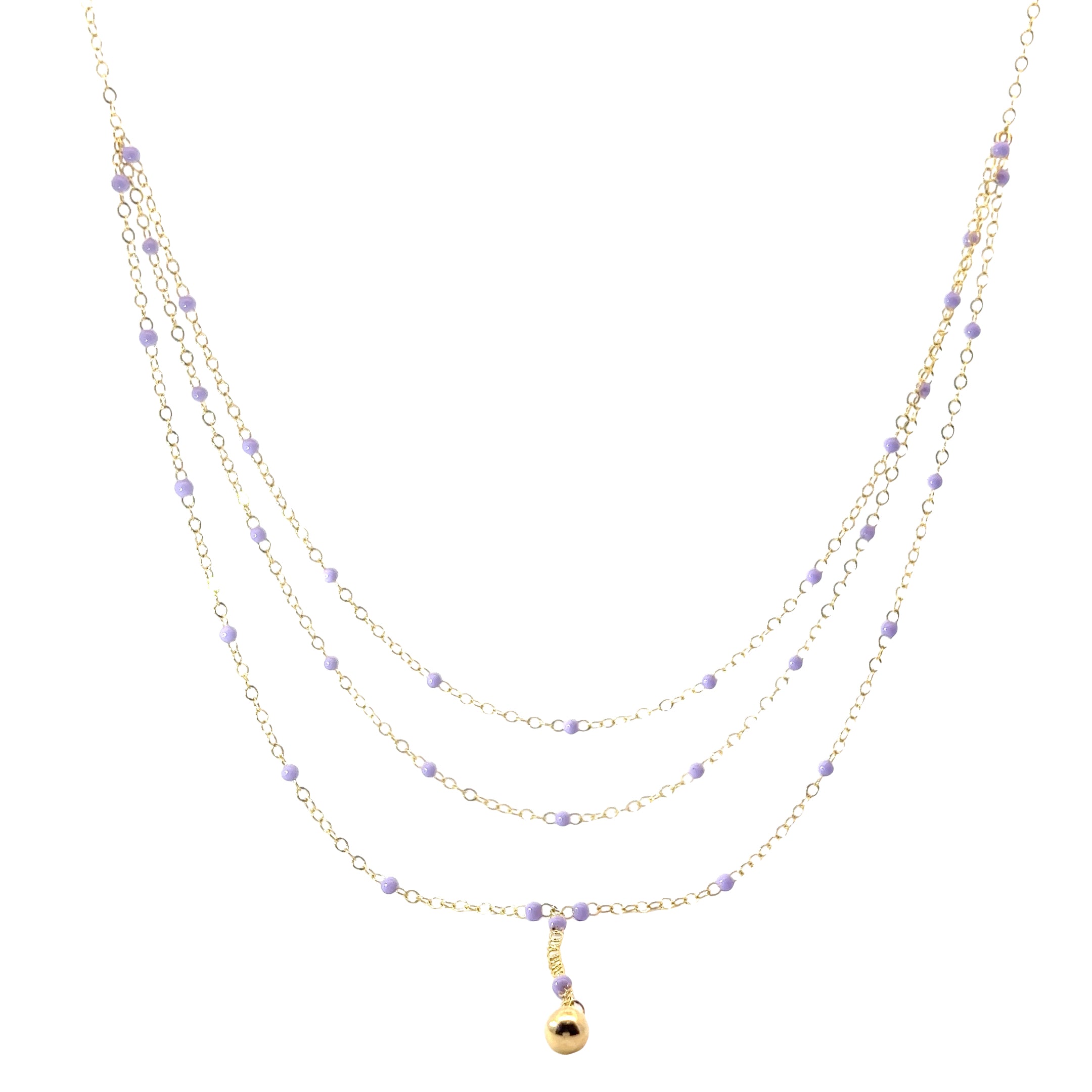 14k Yellow Gold Lilac Enamel (3) Strand Beaded Necklace 3.3 gram