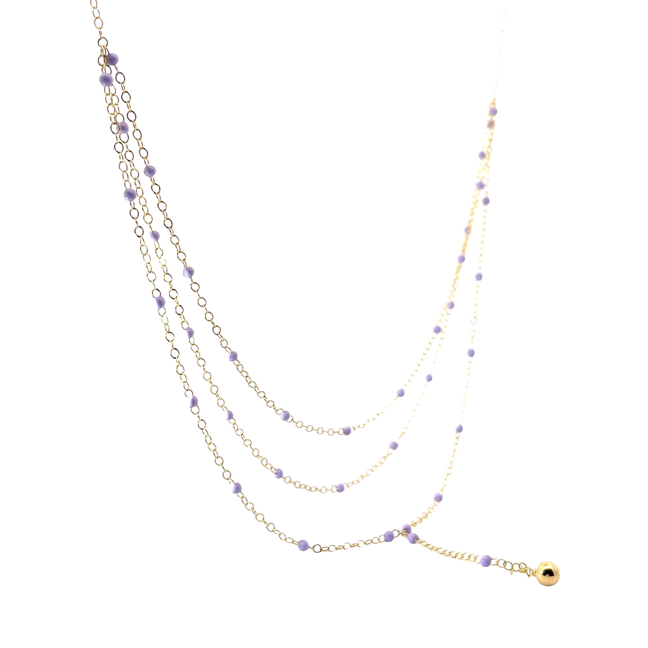 14k Yellow Gold Lilac Enamel (3) Strand Beaded Necklace 3.3 gram