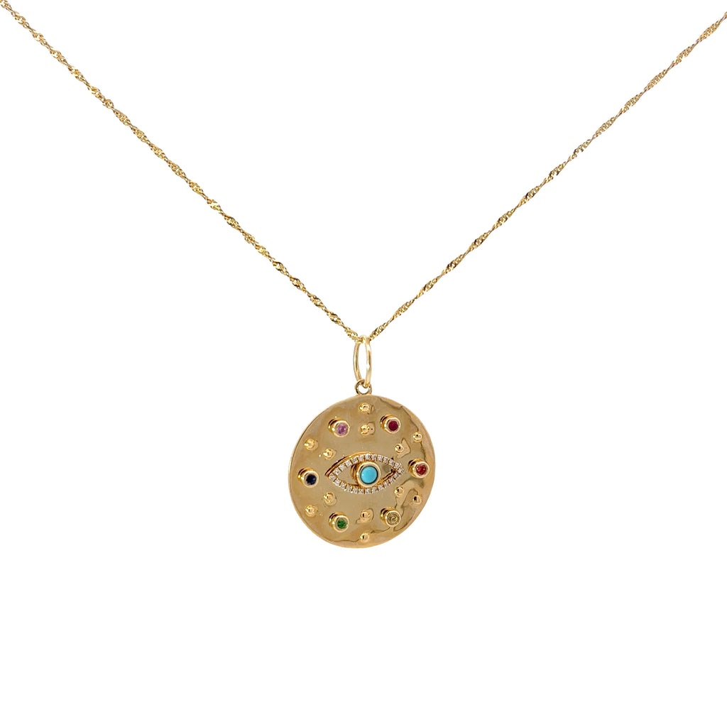 14k Yellow Gold Multi- colored Sapphire evil Eye necklace