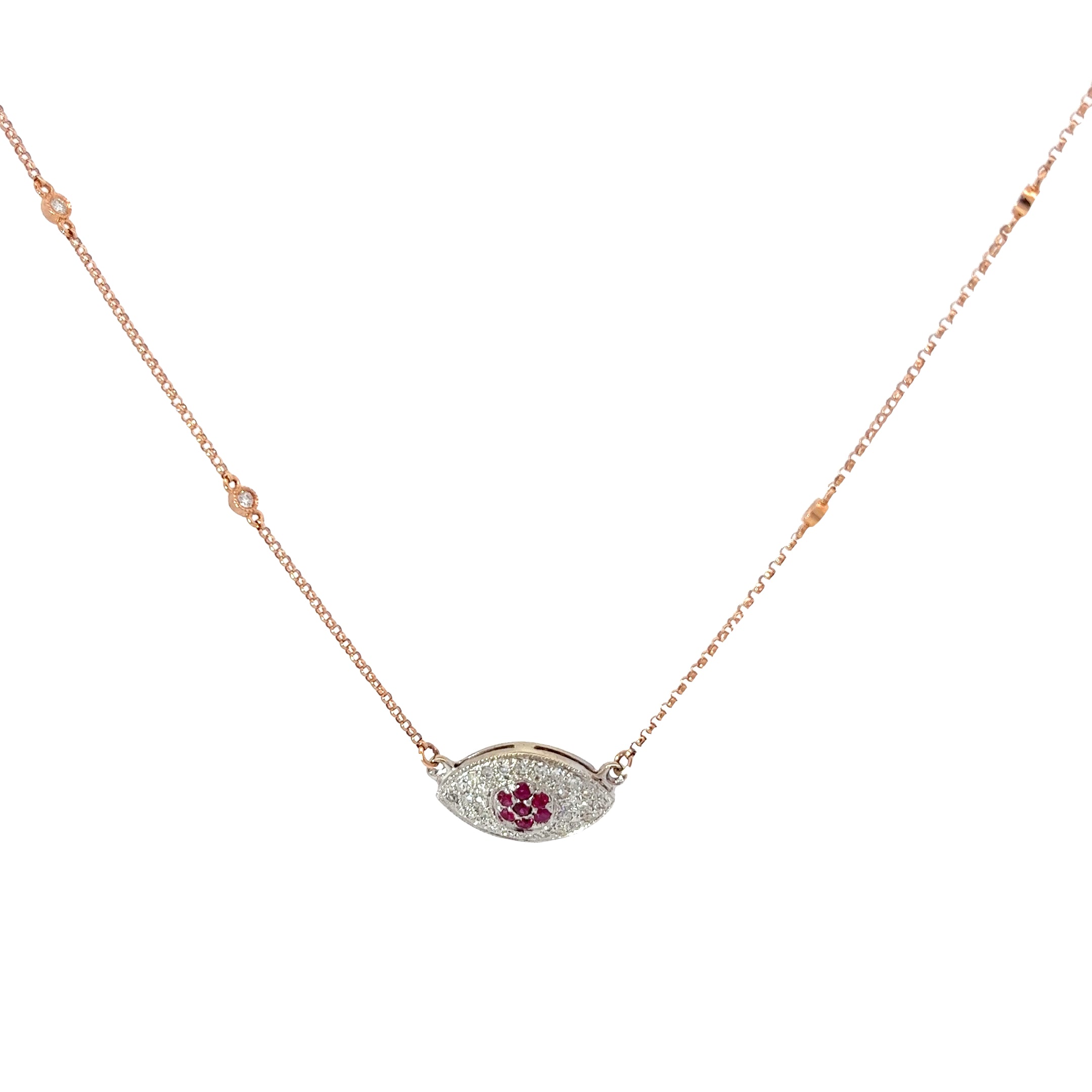 14k Two Tone Gold .45ct G SI1 Round Diamond and Ruby Evil Eye Necklace