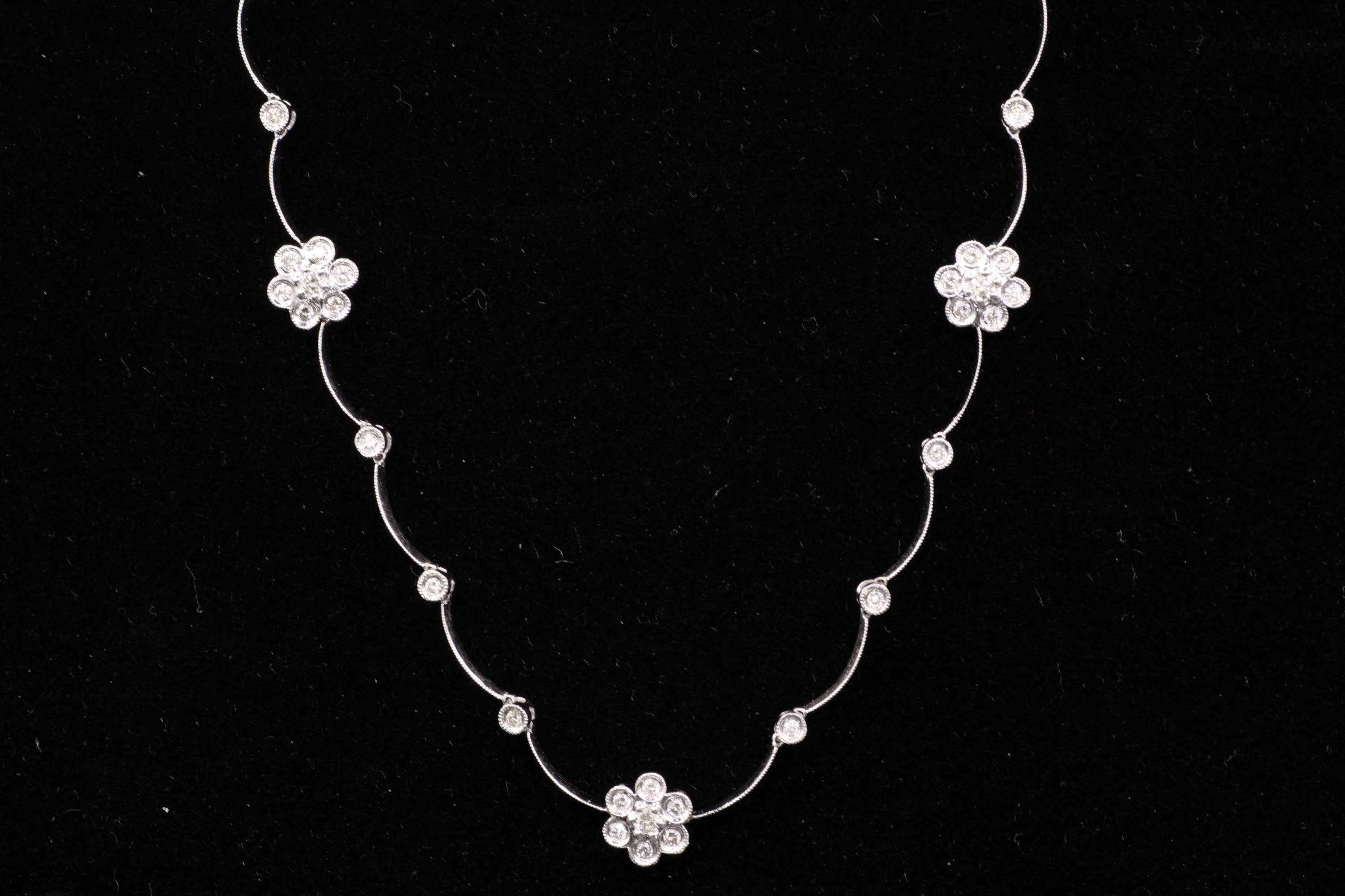 Ladies 14k White Gold Diamond Flower Necklace and Earring Set