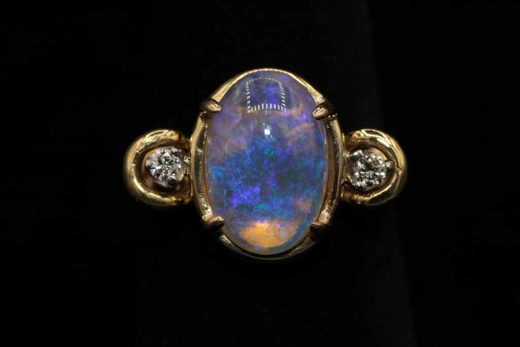 18k Yellow Gold 2.30ct Oval Shape Jelly Opal / .13ct G SI1 Round Diamond Vintage Ring Size 6.5