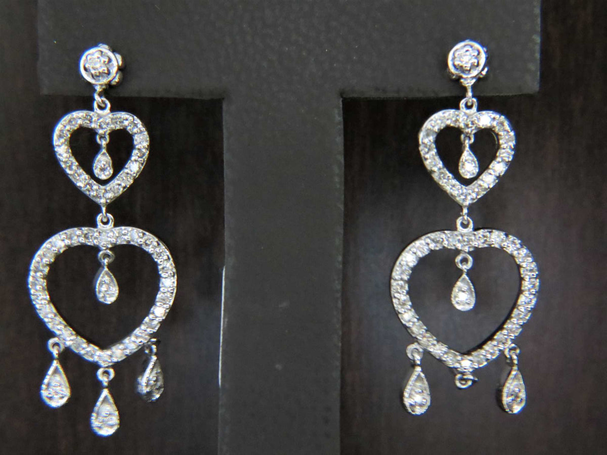 Ladies 14k white gold Diamond Heart chandelier earrings