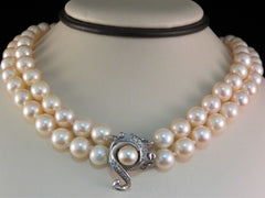 14k White Gold .10ct G SI1 Round Diamond Double Fresh Water White Pearl 8mm Strand Necklace