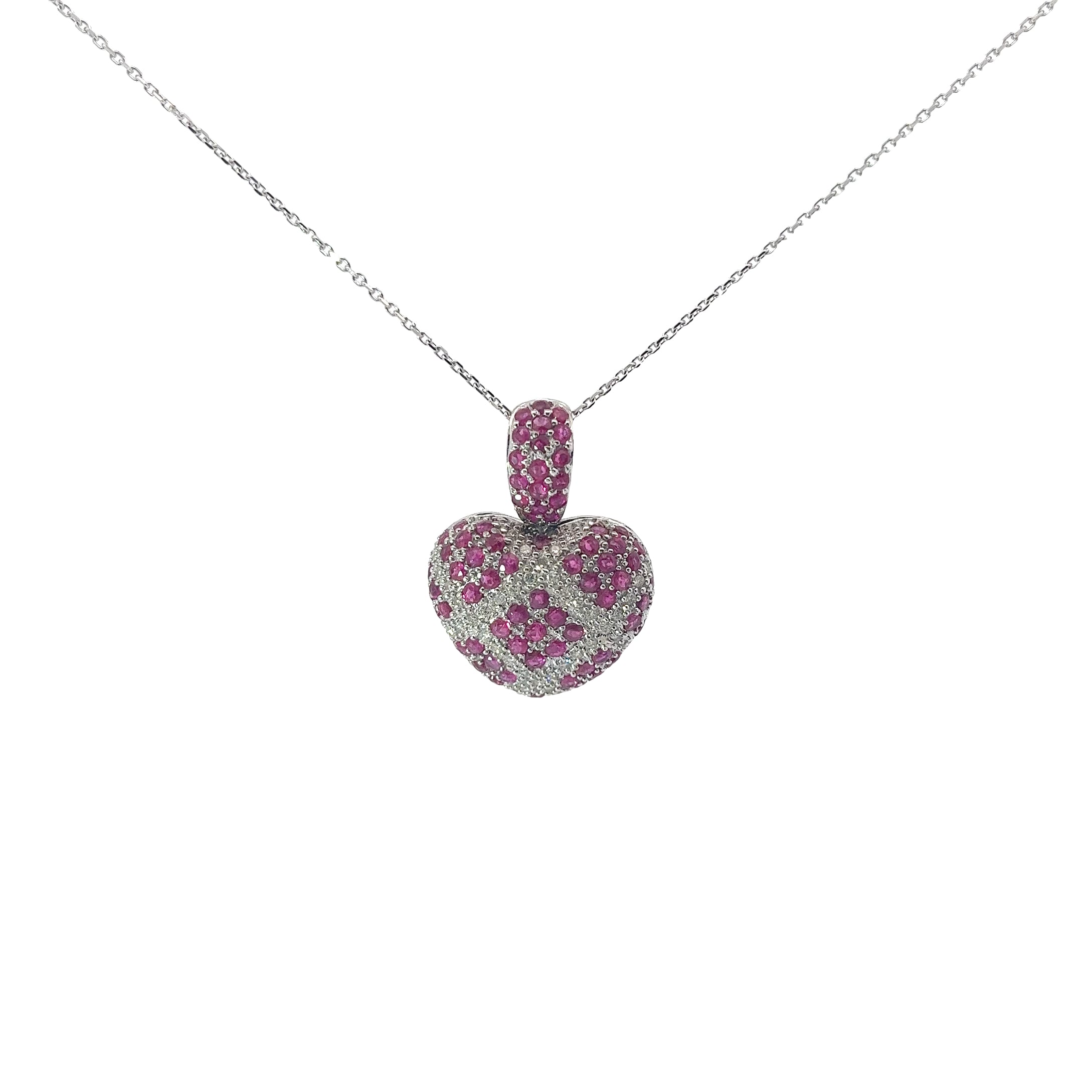 14k White Gold 1.50ct Ruby and .40ct G SI1 Round Diamond  Heart Necklace