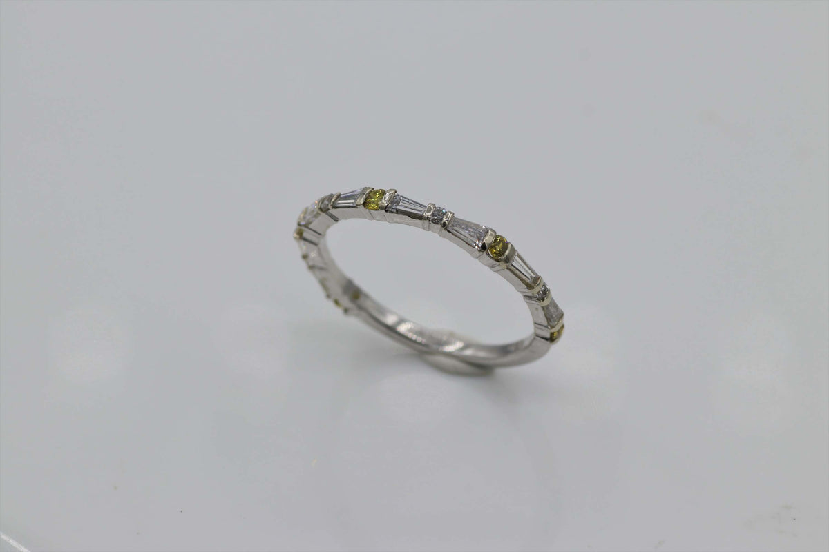 14k White Gold .38ct G VS2 Baguette Shaped Diamond / .14ct Round Yellow Diamond Wedding Band Size 7