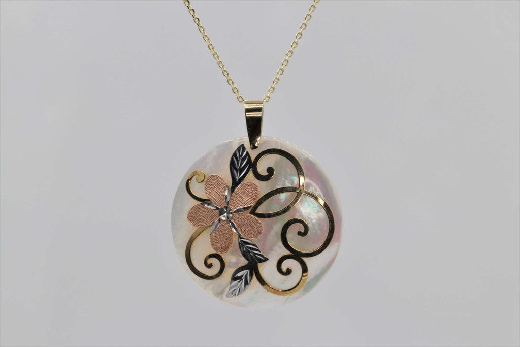 Ladies 14k Tri-colored Mother of Pearl Flower Necklace