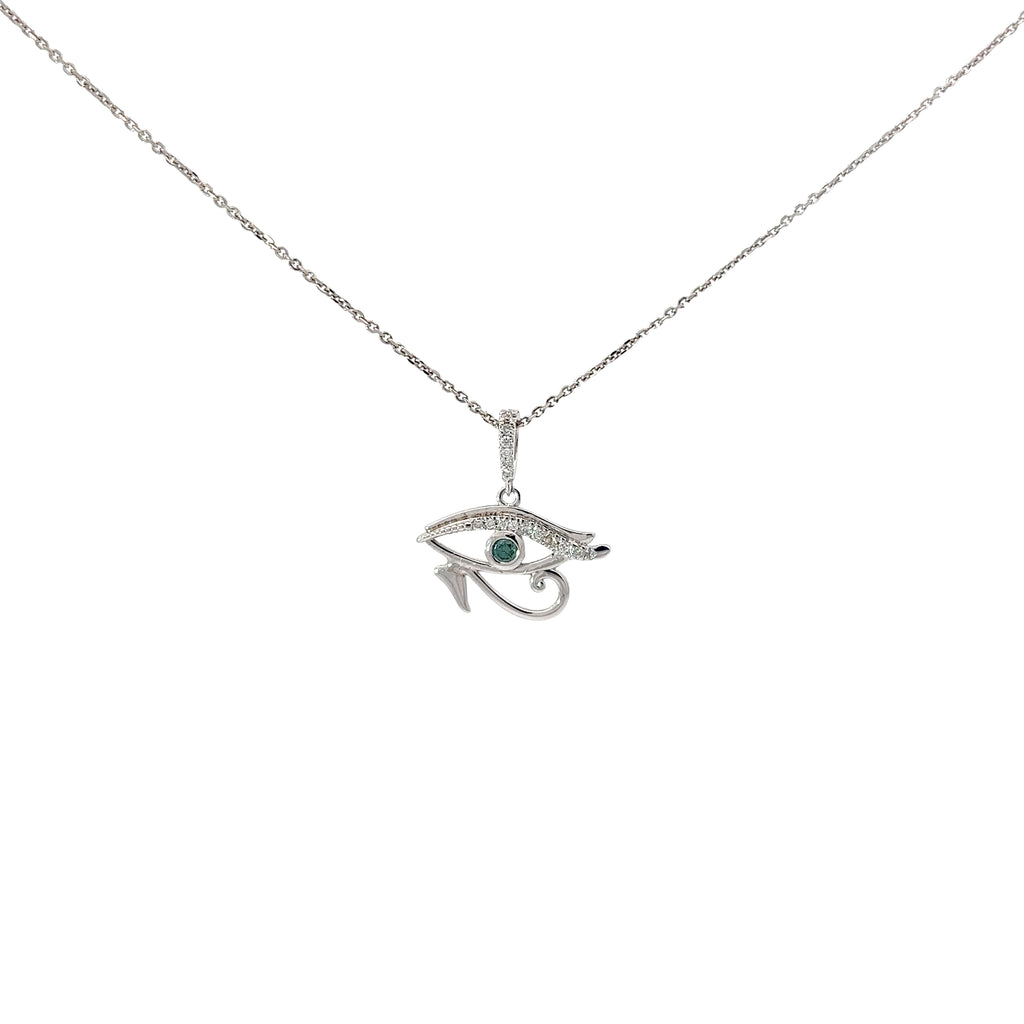 14k White Gold .20ct G SI1 Round Diamond and .20ct Round Blue Diamond Evil Eye Necklace
