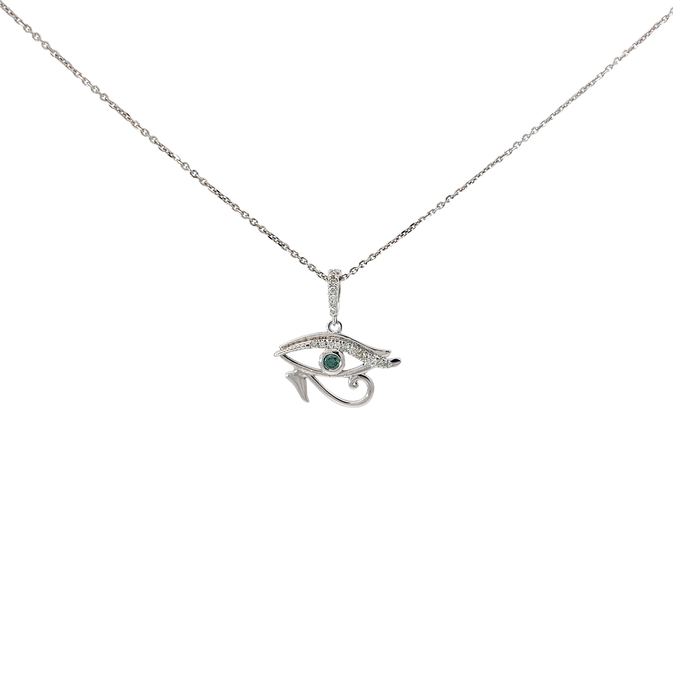 14k White Gold .20ct G SI1 Round Diamond and .20ct Round Blue Diamond Evil Eye Necklace