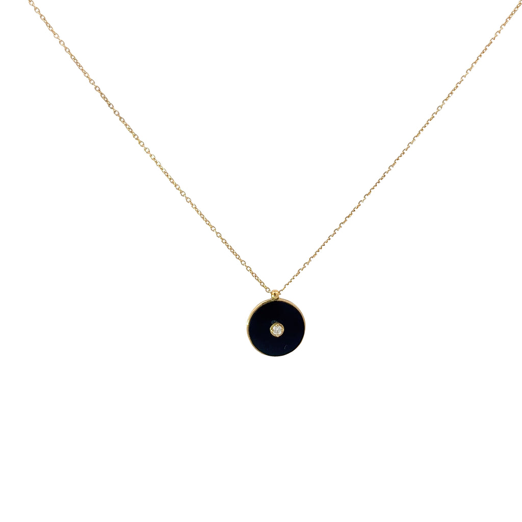 18k Yellow Gold Black Enamel Disc with Round Diamond Necklace 2.9 gram