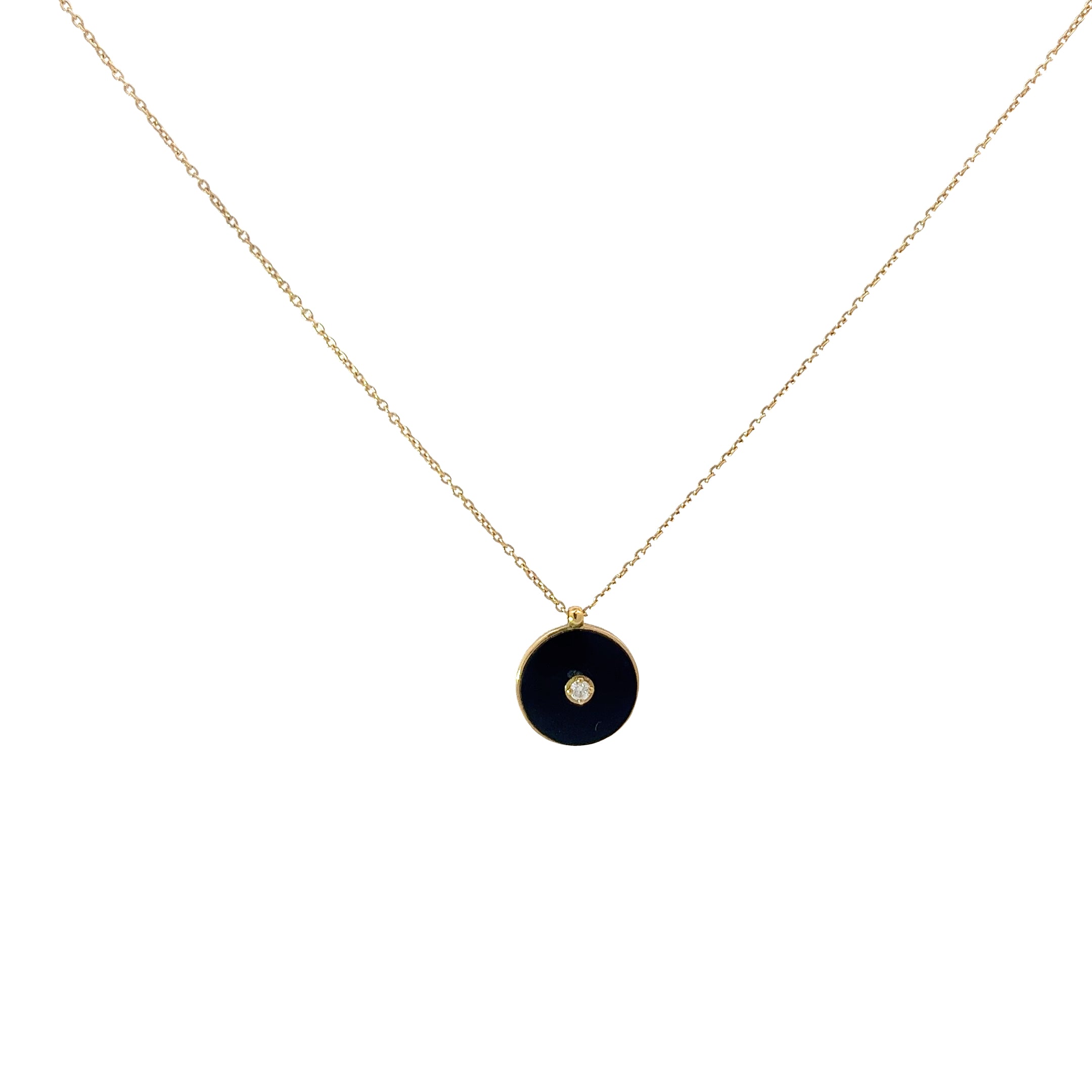 18k Yellow Gold Black Enamel Disc with Round Diamond Necklace 2.9 gram