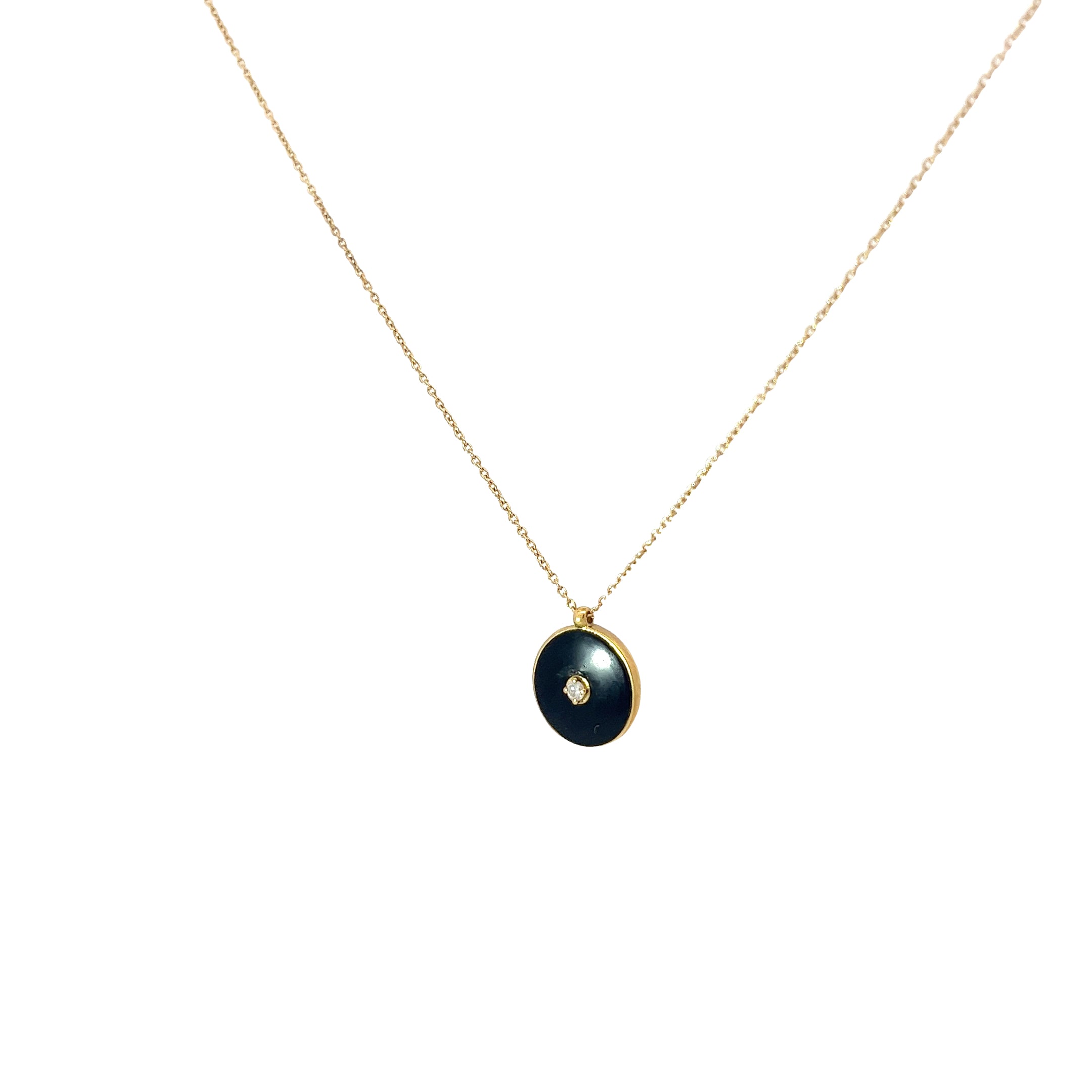 18k Yellow Gold Black Enamel Disc with Round Diamond Necklace 2.9 gram