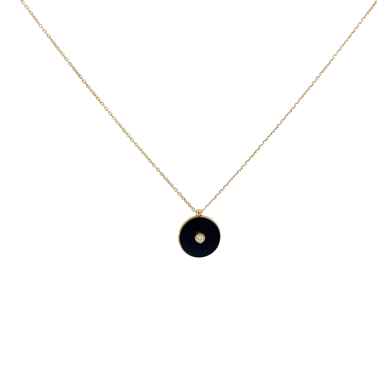 18k Yellow Gold Black Enamel Disc with Diamond Necklace