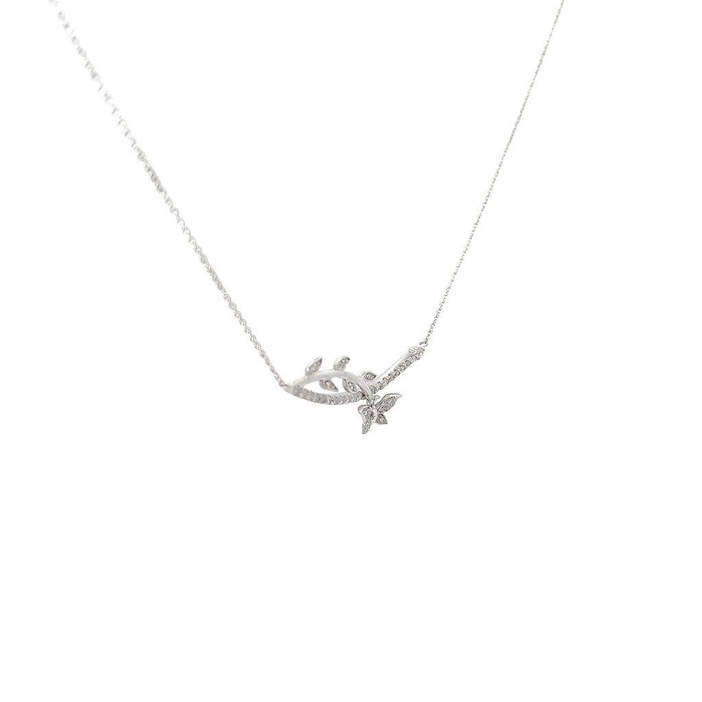 14k White Gold .25ct GSI1 Round Diamond Butterfly and Flower Necklace