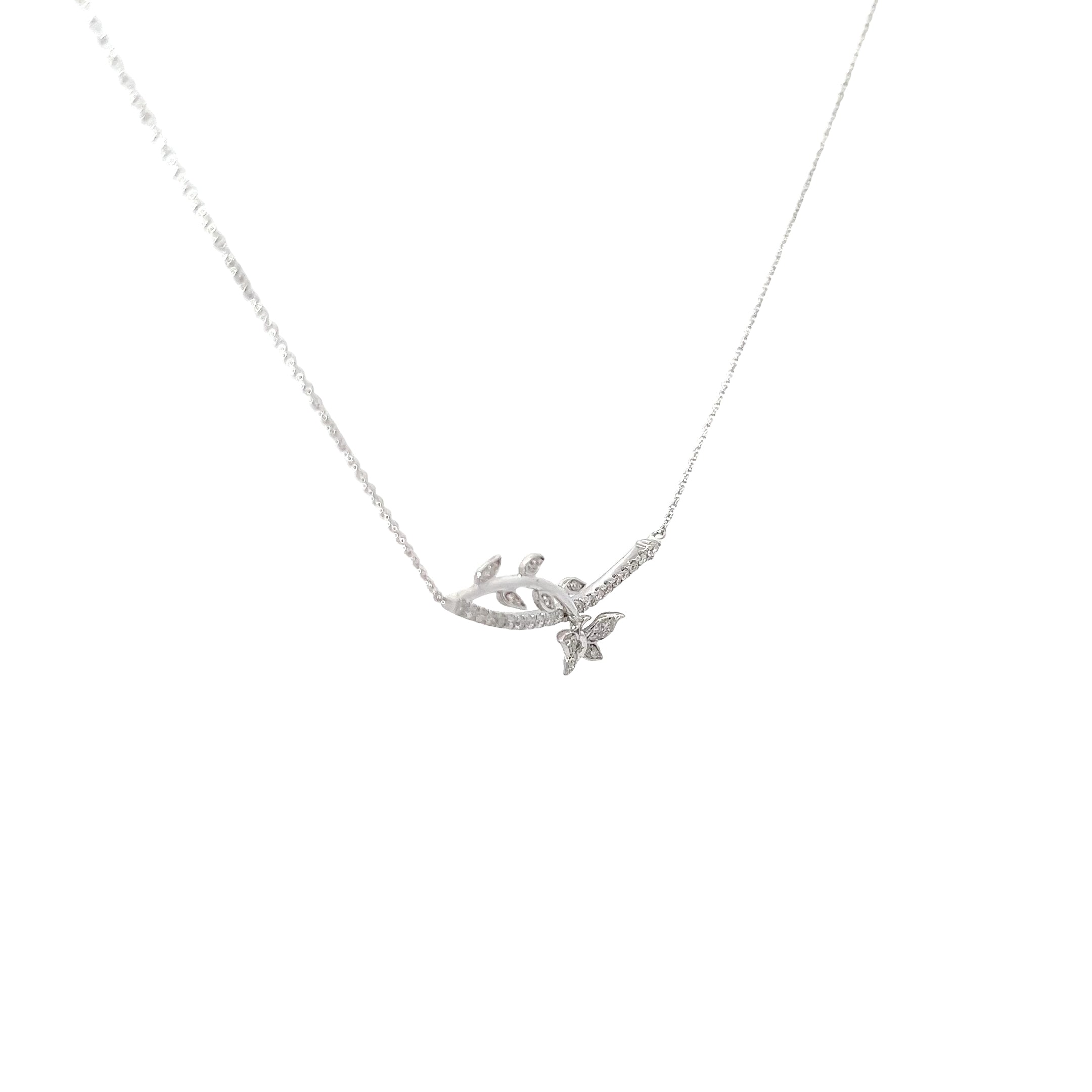 14k White Gold .25ct GSI1 Round Diamond Butterfly and Flower Necklace