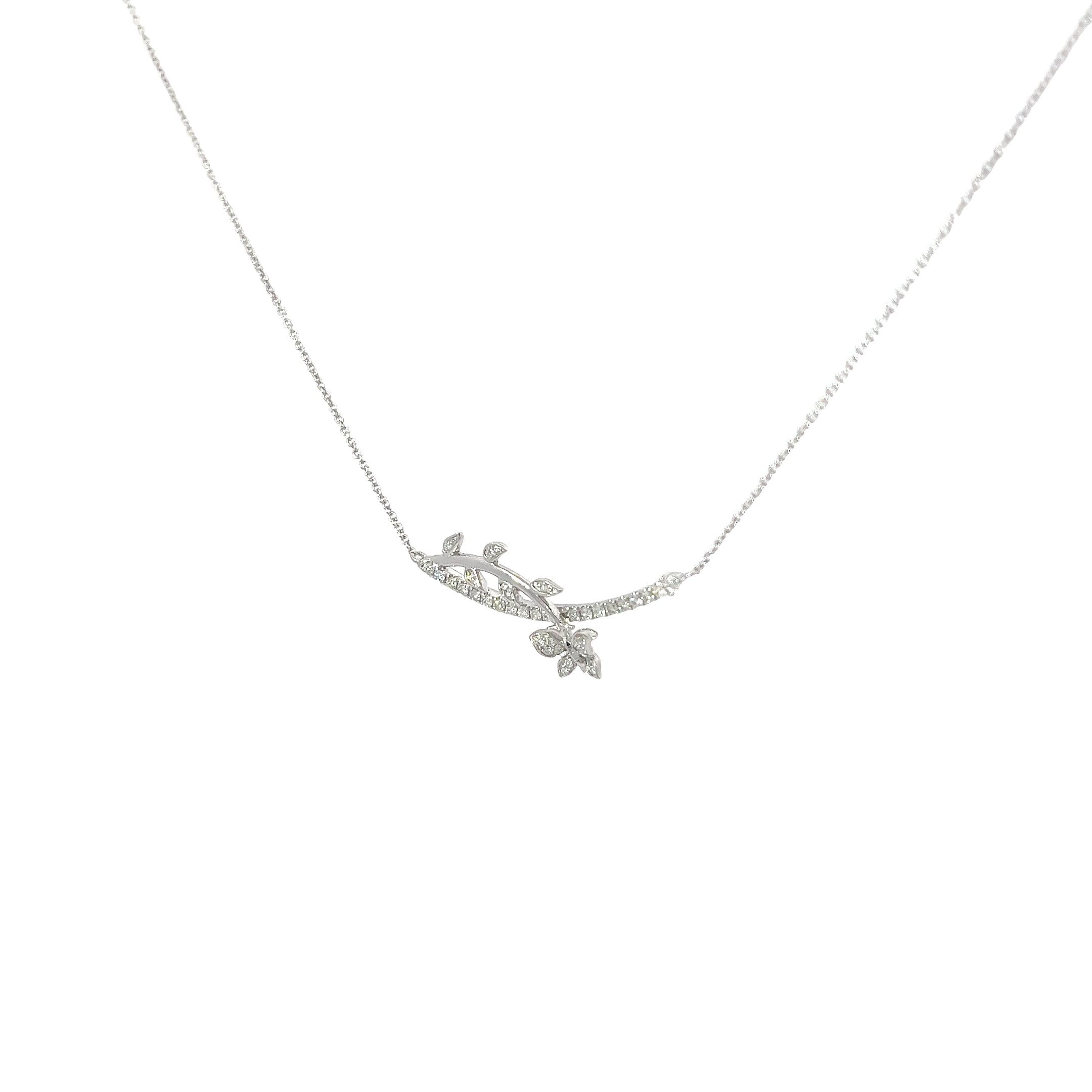 14k White Gold .25ct GSI1 Round Diamond Butterfly and Flower Necklace
