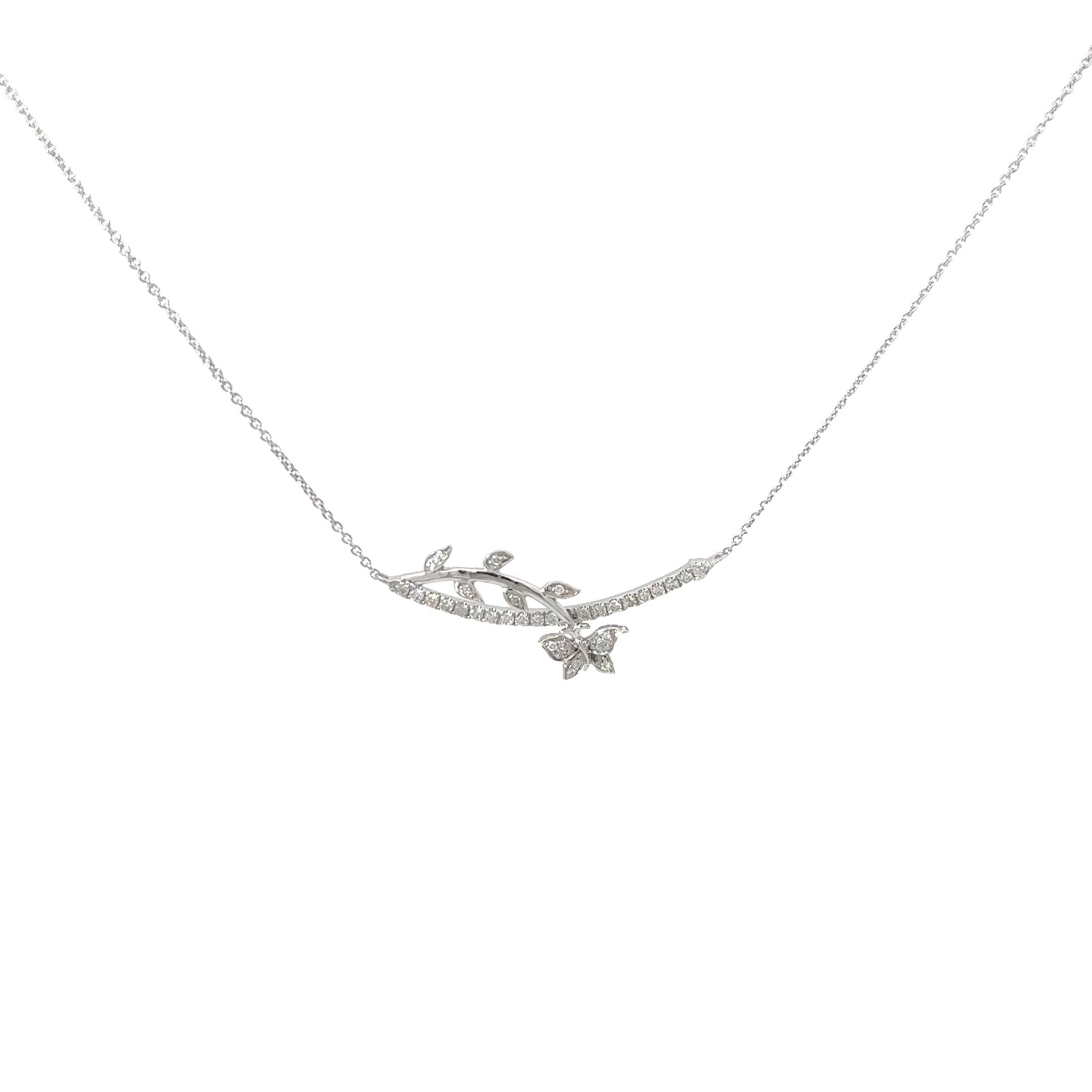 14k White Gold .25ct GSI1 Round Diamond Butterfly and Flower Necklace