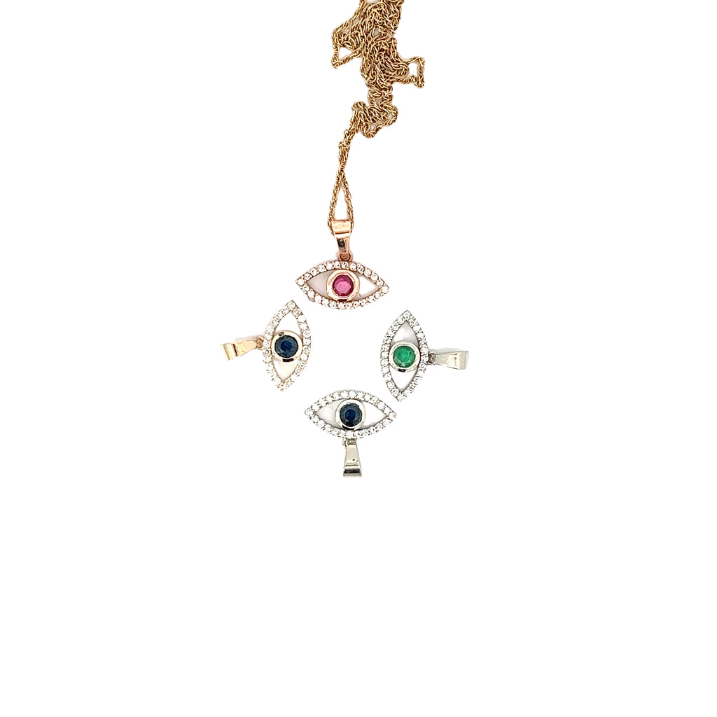 14k White and Rose .15ct G SI1 Round Diamond with .15ct Sapphire Center Evil Eye Pendant