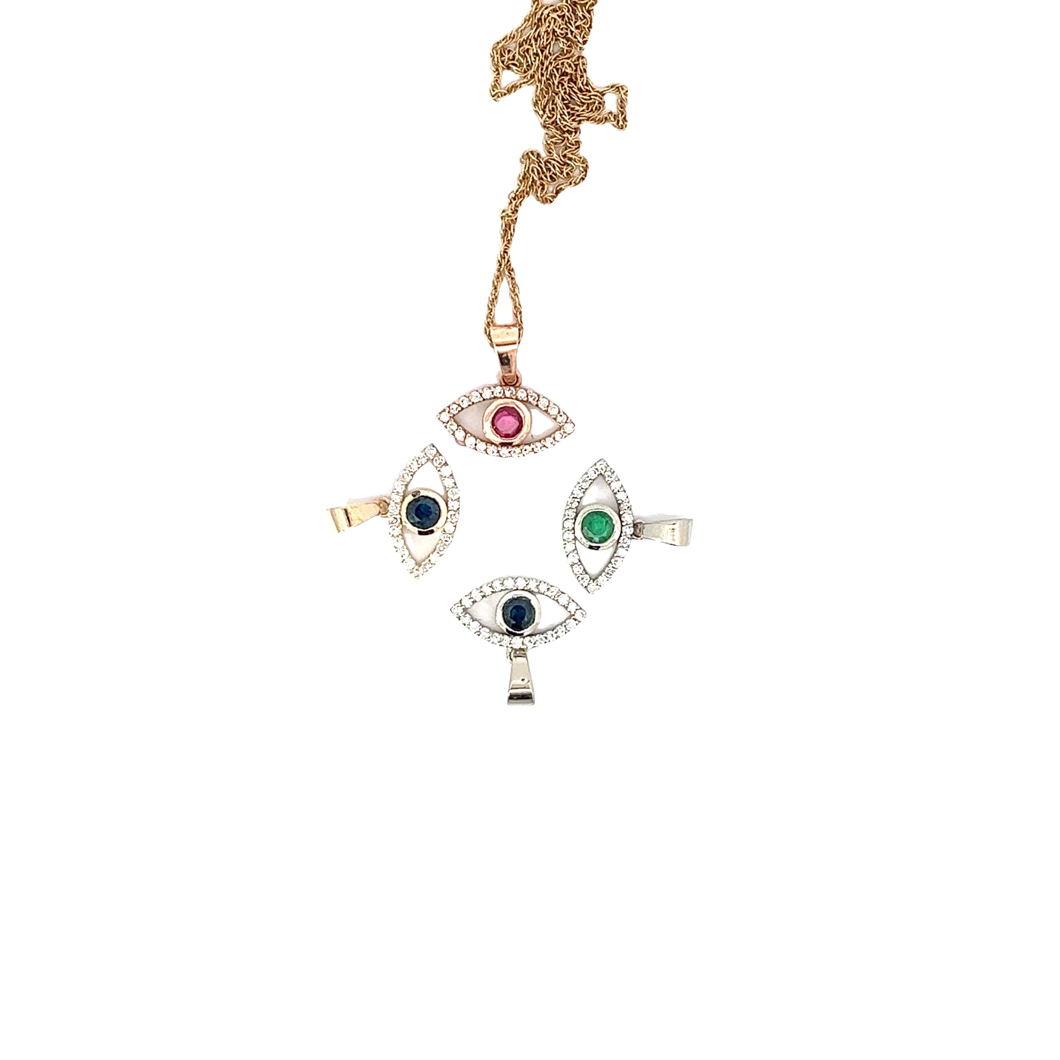 14k White and Rose .15ct G SI1 Round Diamond with .15ct Sapphire Center Evil Eye Pendant