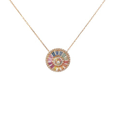 18k Yellow Gold 2.27ct Multi-colored Sapphire  Baguette Shaped, .67ct G SI1 Round Diamond and .48ct Tapered Baguette Diamond Necklace