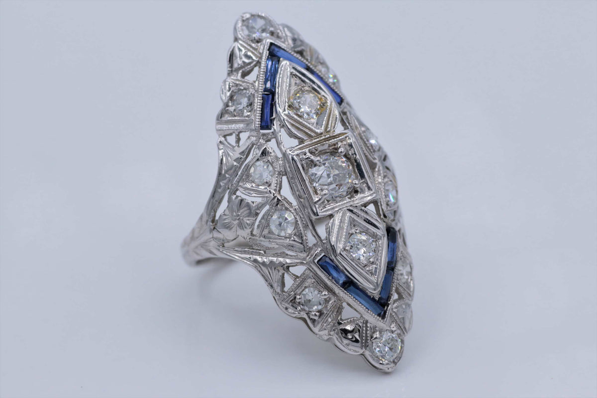 Ladies 18k white gold Vintage Diamond and Sapphire Ring