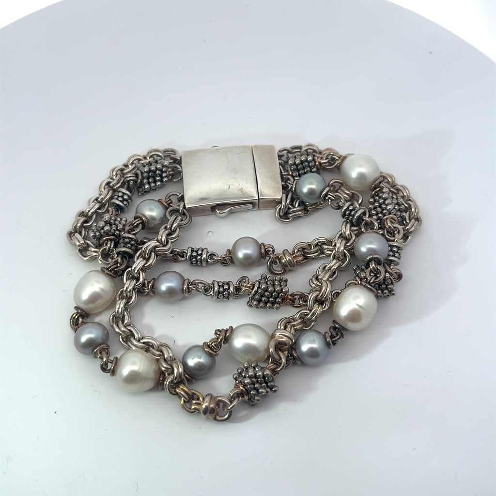 Pre-Owned Michael Dawkins 8" inch Sterling Silver/ Pearl Multi Strand Bracelet
