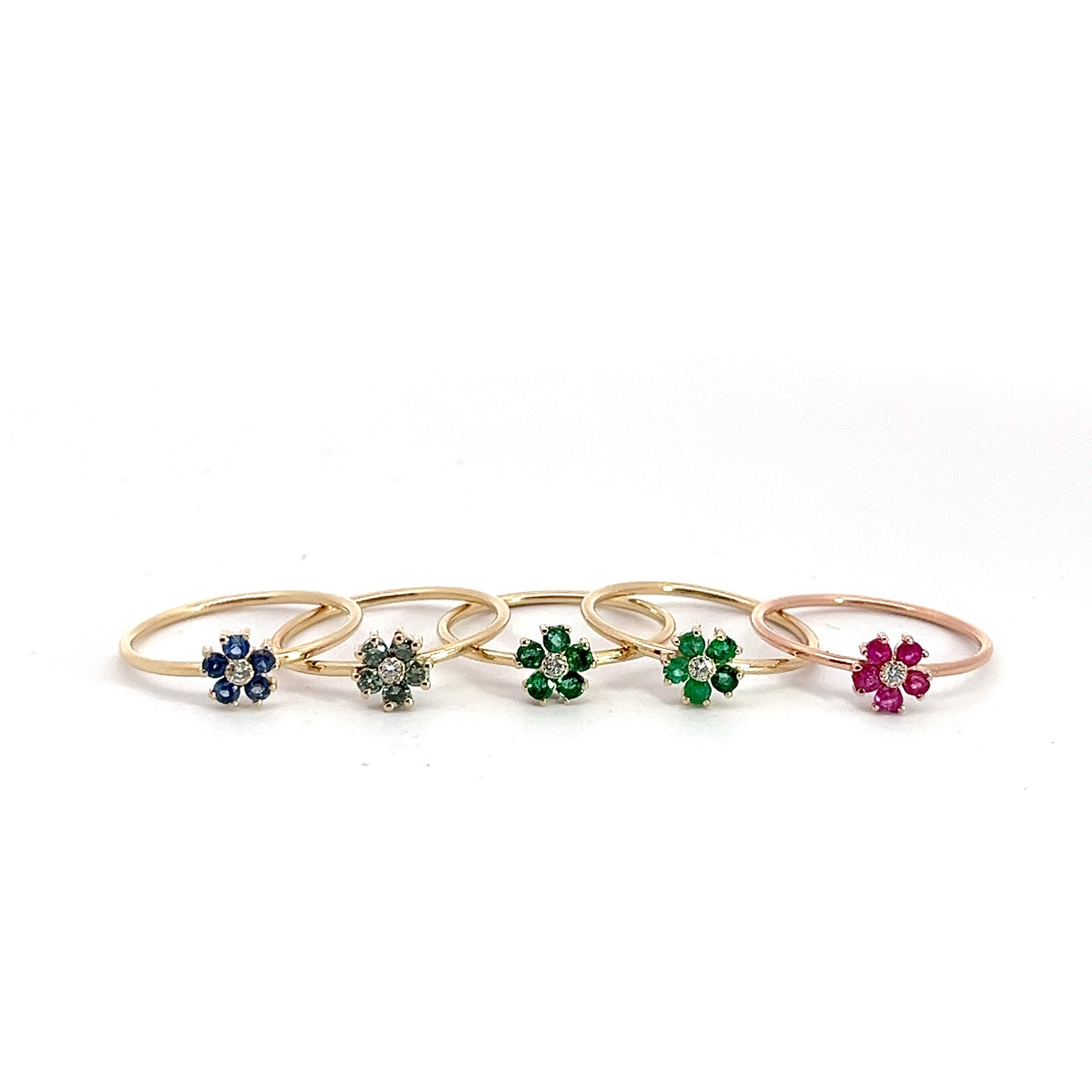 14K Gold 2mm Flower Stackable Ring with .15CT Emeralds, Sapphires or Rubies with a center .03CT Diamond