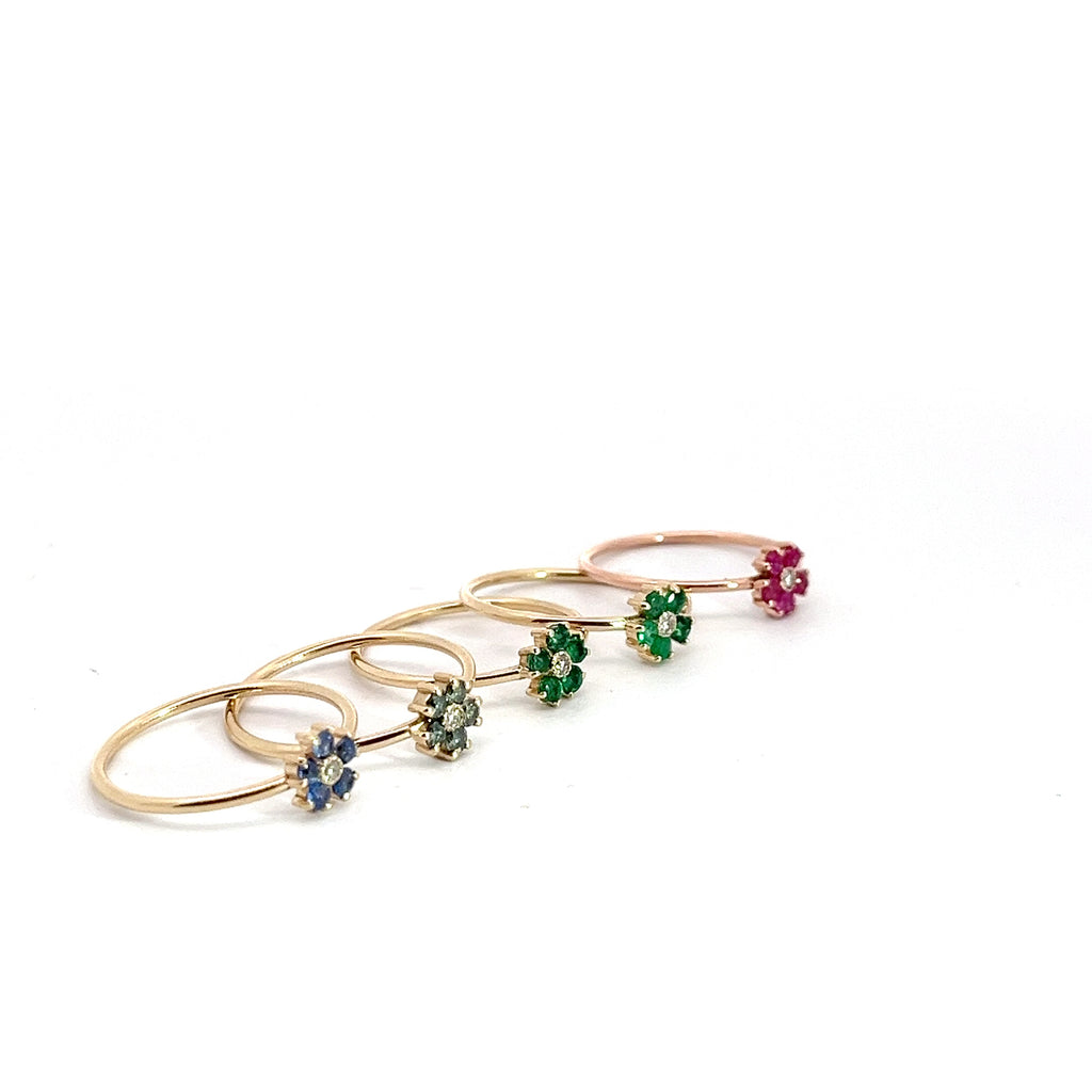 14K Gold 2mm Flower Stackable Ring with .15CT Emeralds, Sapphires or Rubies with a center .03CT Diamond
