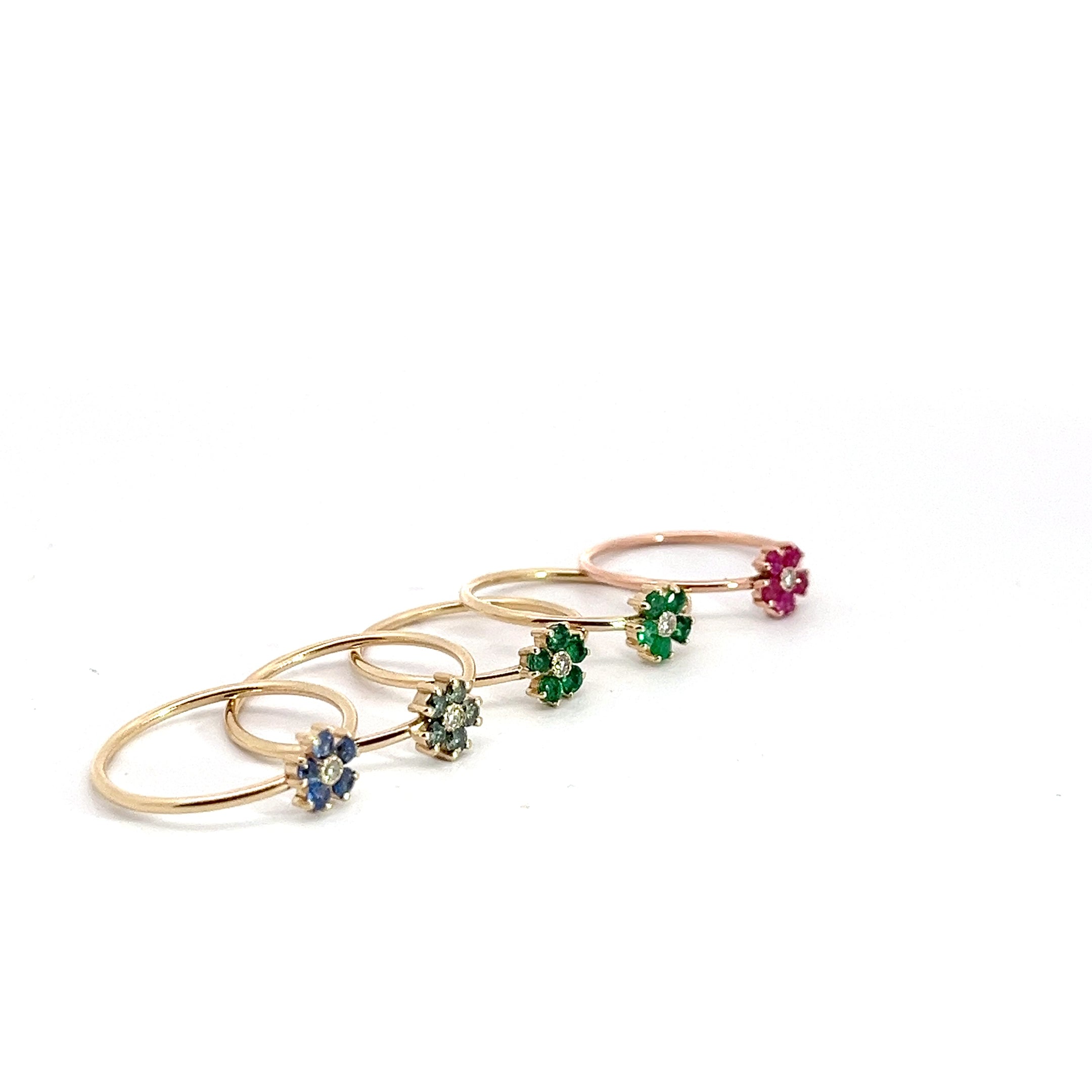 14K Gold 2mm Flower Stackable Ring with .15CT Emeralds, Sapphires or Rubies with a center .03CT Diamond