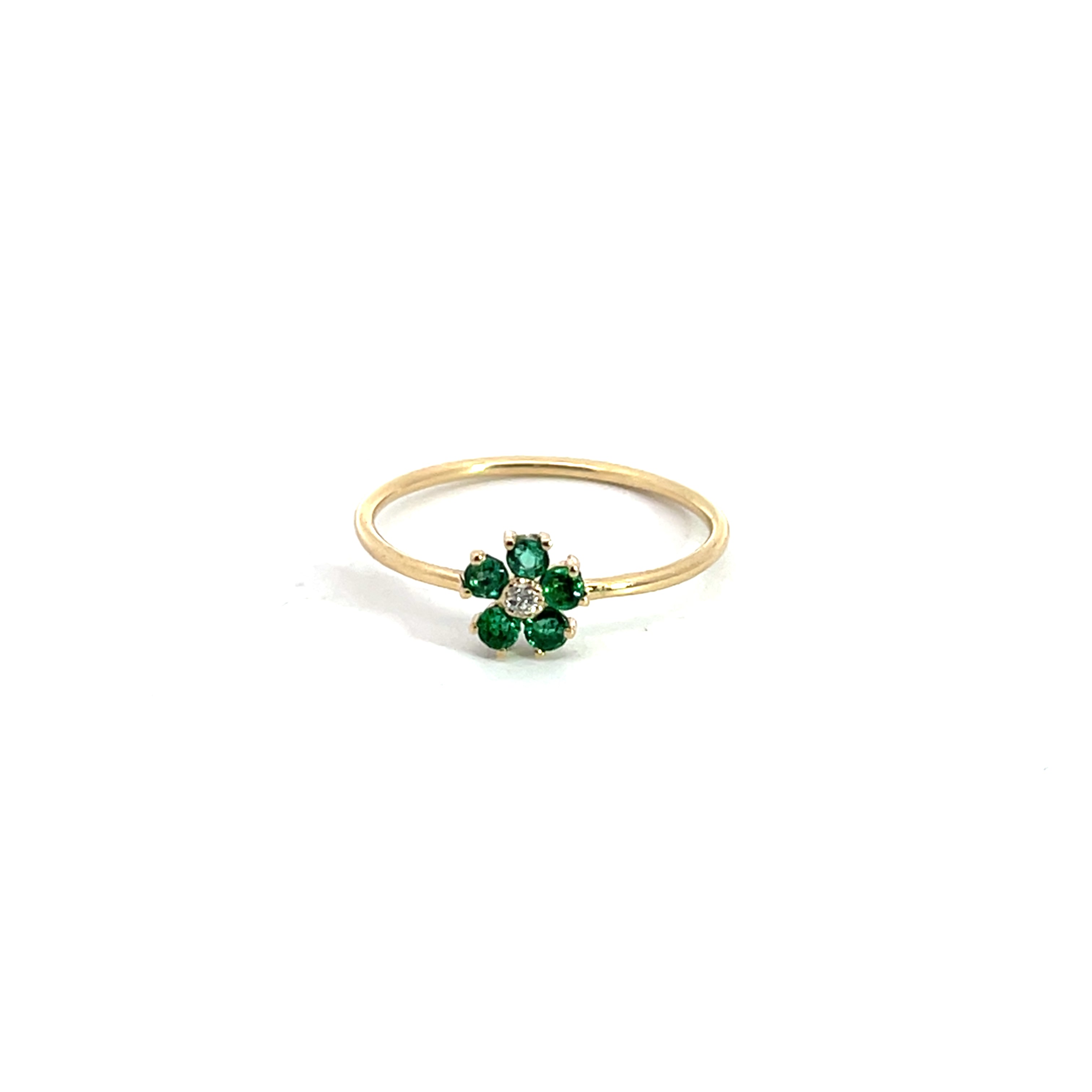 14K Gold 2mm Flower Stackable Ring with .15CT Emeralds, Sapphires or Rubies with a center .03CT Diamond