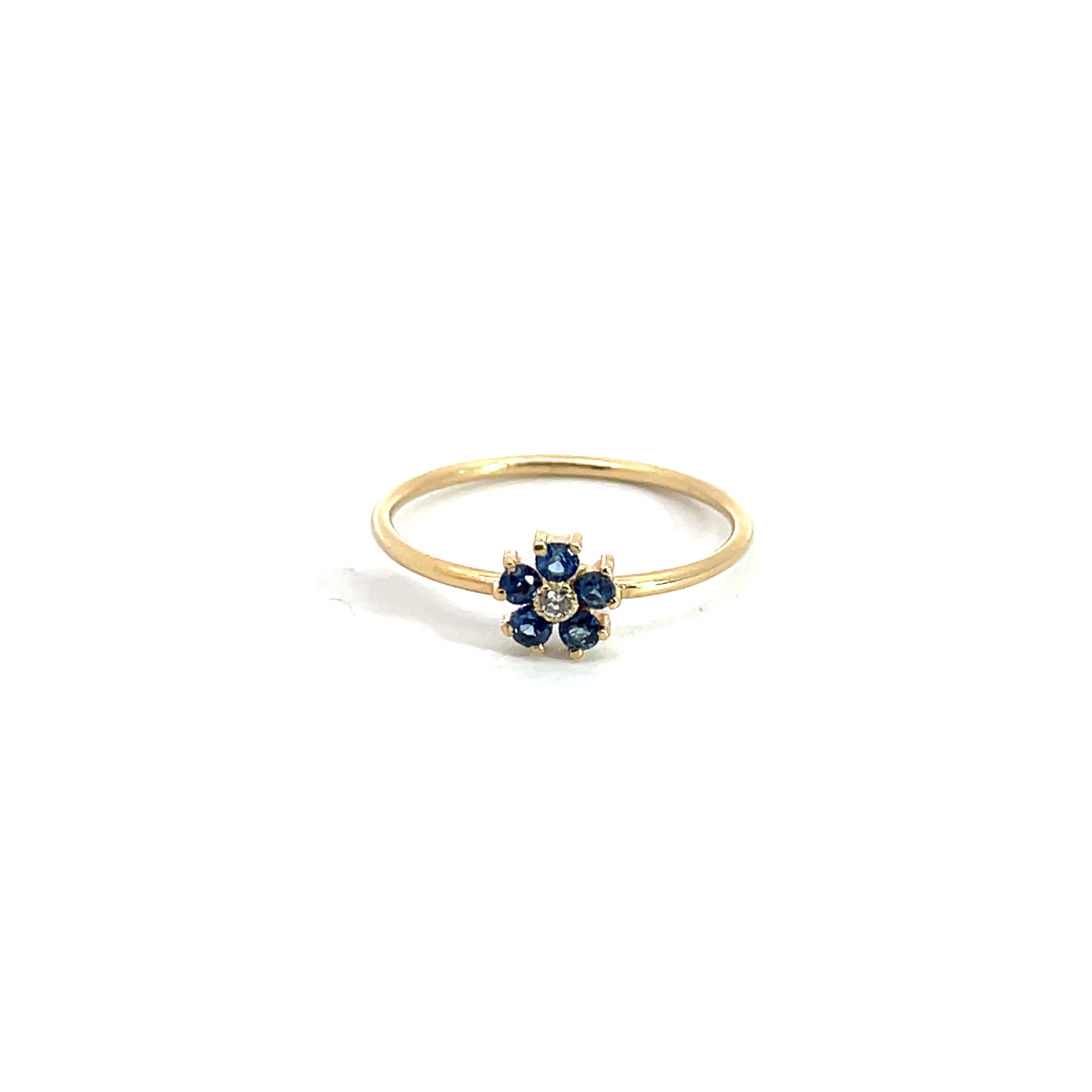 14K Gold 2mm Flower Stackable Ring with .15CT Emeralds, Sapphires or Rubies with a center .03CT Diamond