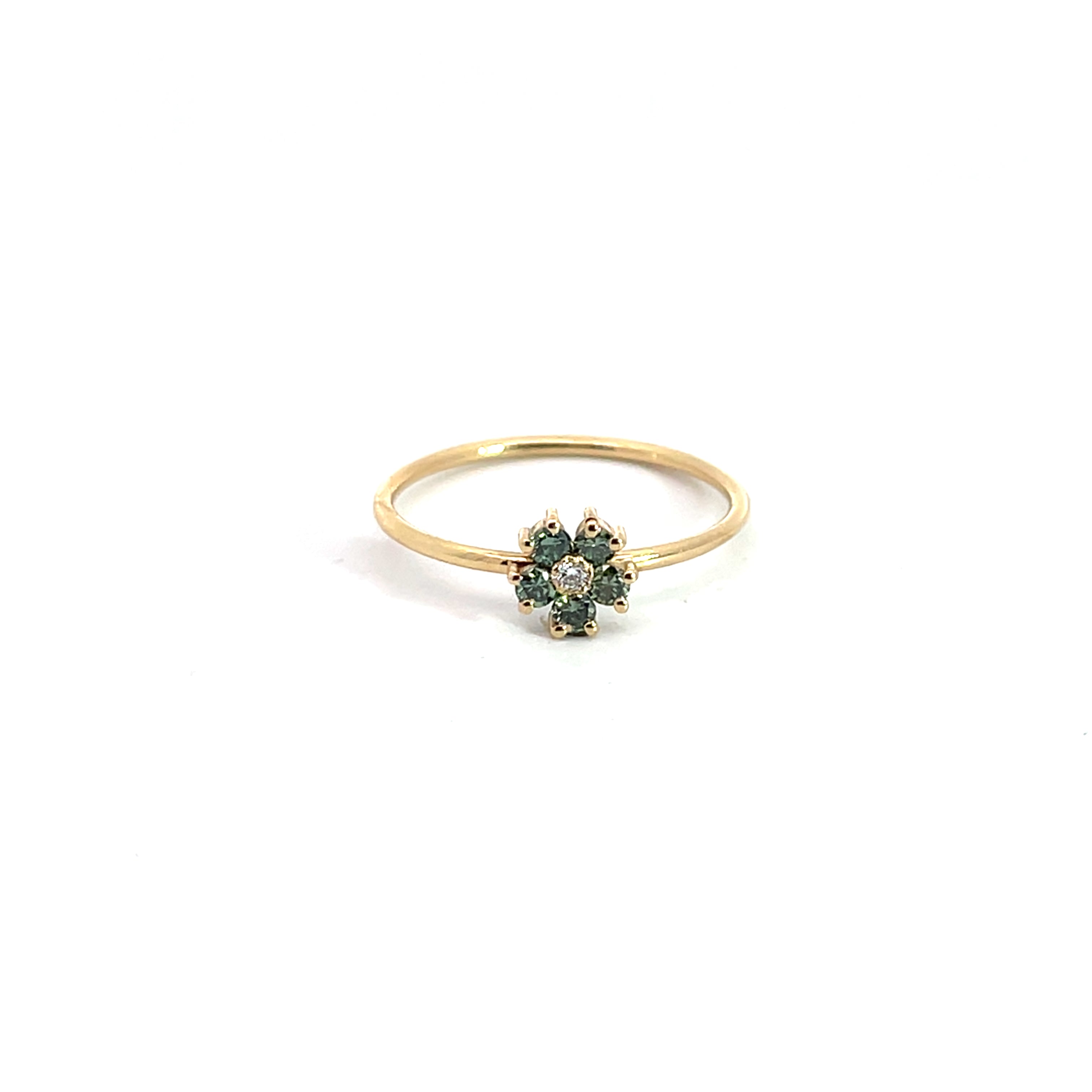 14K Gold 2mm Flower Stackable Ring with .15CT Emeralds, Sapphires or Rubies with a center .03CT Diamond