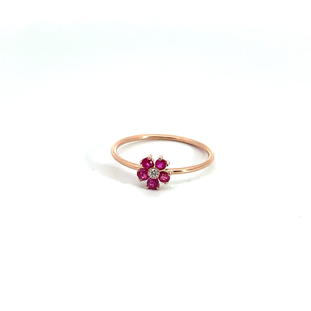 14K Gold 2mm Flower Stackable Ring with .15CT Emeralds, Sapphires or Rubies with a center .03CT Diamond