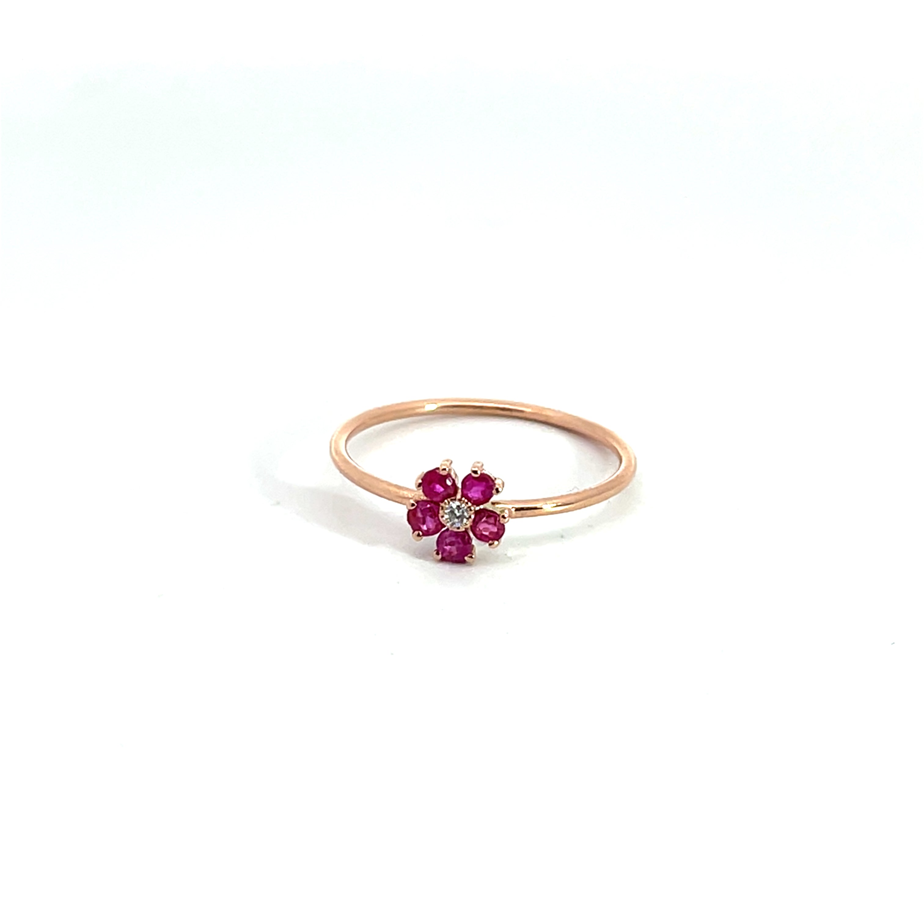 14K Gold 2mm Flower Stackable Ring with .15CT Emeralds, Sapphires or Rubies with a center .03CT Diamond