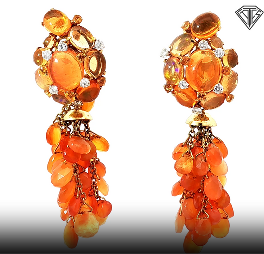 18k Yellow Gold 100ct Mexican Fire Opal / Cabochon and Briolette /.40ct G VS2 Round Diamond Chandelier Clips/Dangle Earrings Design by Sazingg 36 gram