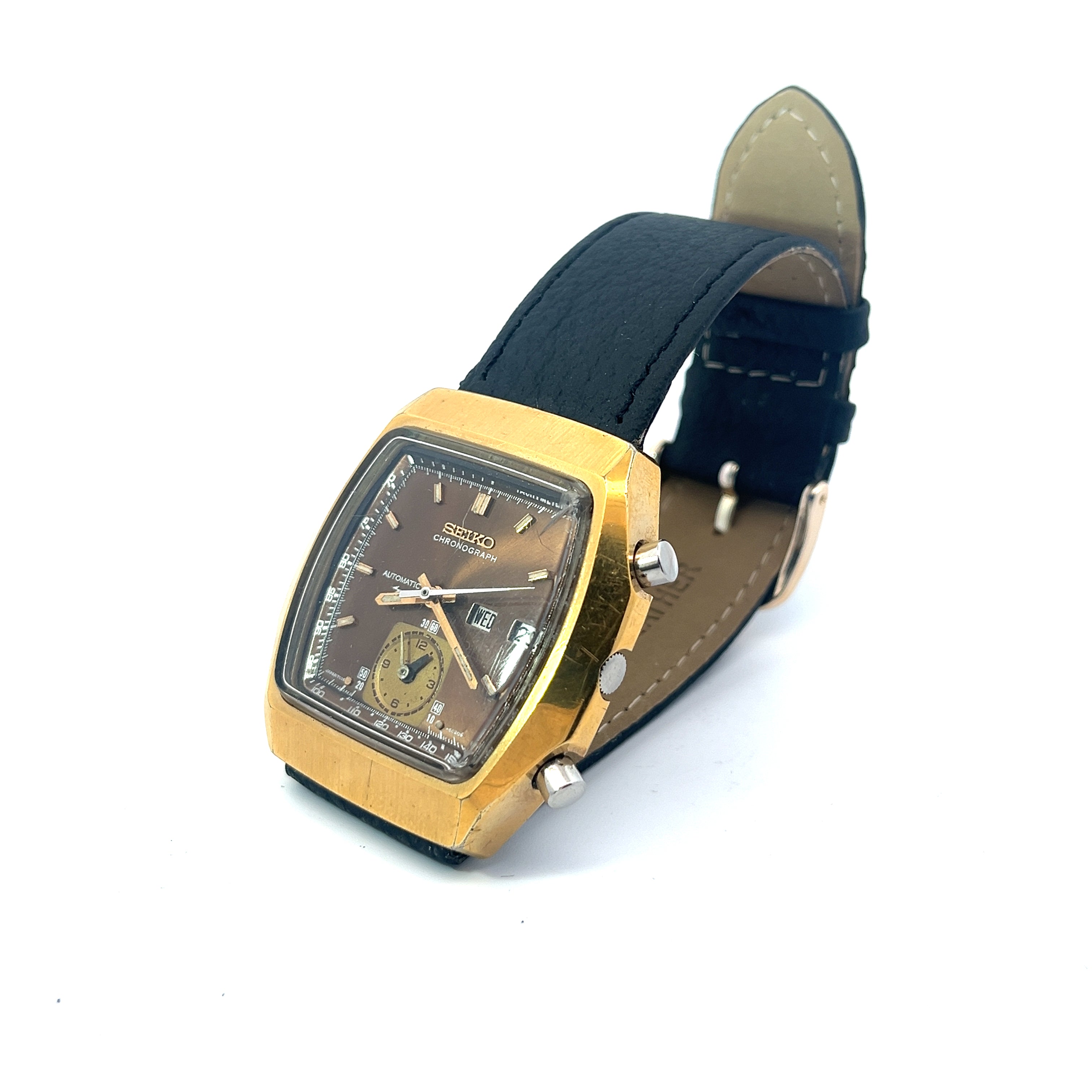 Pre-Owned Vintage Seiko Watch Chrono Automatic 7016-5020 / Black Strap